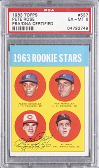1963 Topps #537 Pete Rose Signed and "4256" Inscribed Rookie Card – PSA EX-MT 6